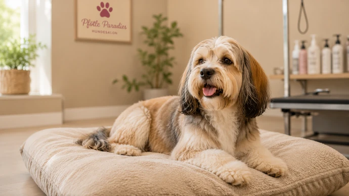 Entspannter Hund nach einer professionellen Fellpflege im Hundesalon