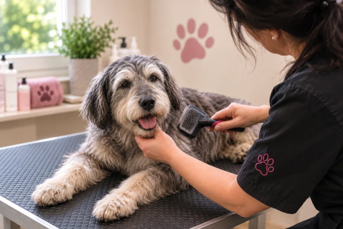 Seniorhund bei einer ruhigen Fellpflege im Hundesalon Pfötle Paradies