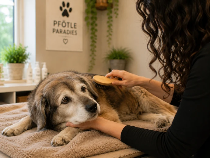 Älterer Hund liegt entspannt auf einer weichen Decke und wird behutsam gebürstet