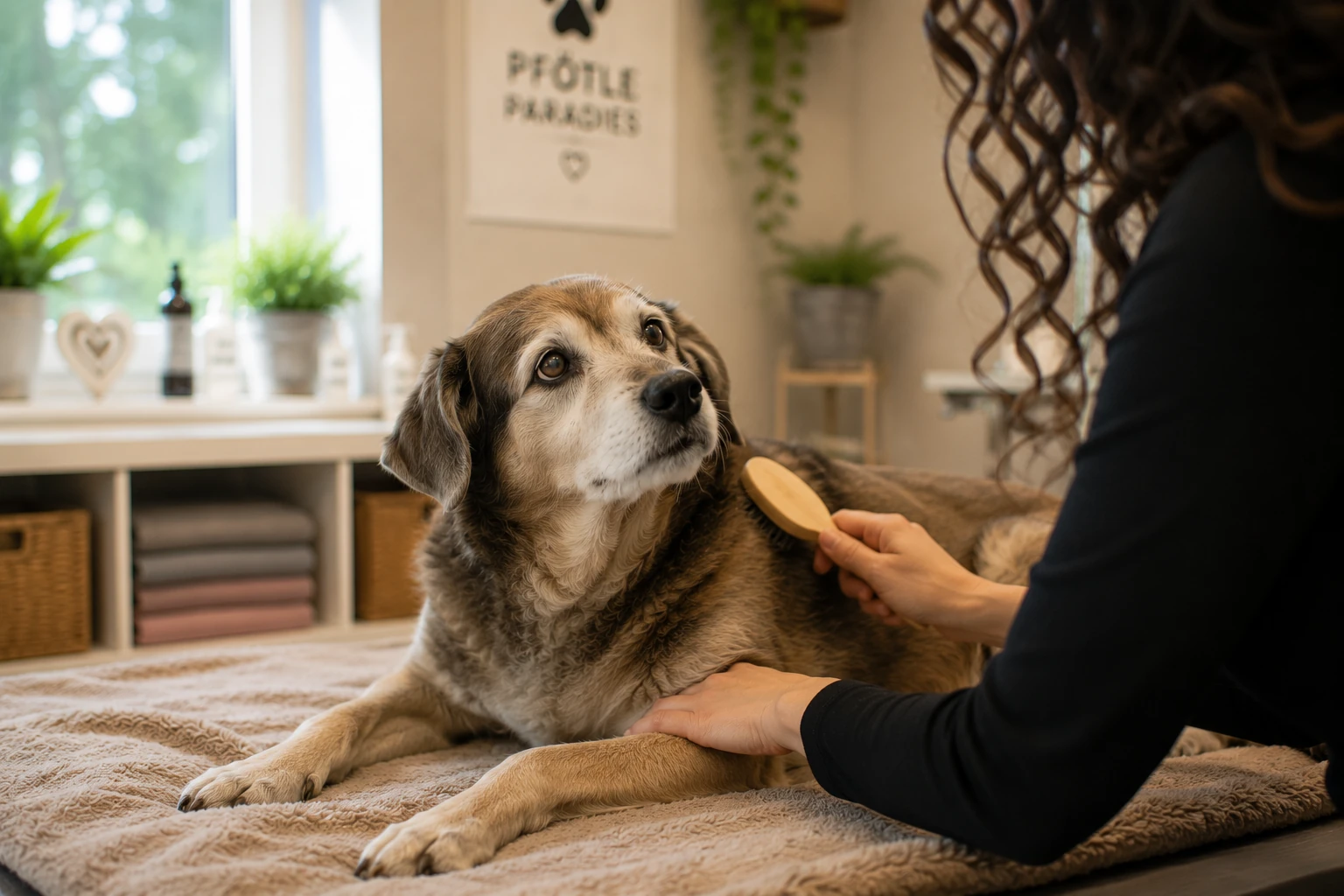 Seniorenhund wird im Hundesalon Pfötle Paradies behutsam gepflegt