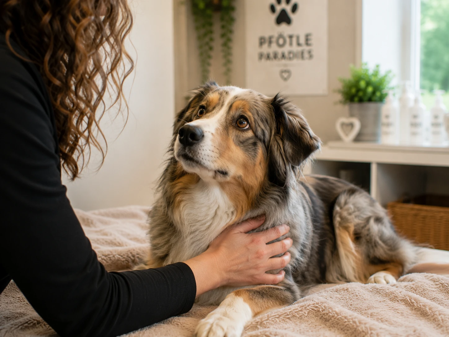 Sensibler Hund wird im Hundesalon Pfötle Paradies ruhig und behutsam begleitet
