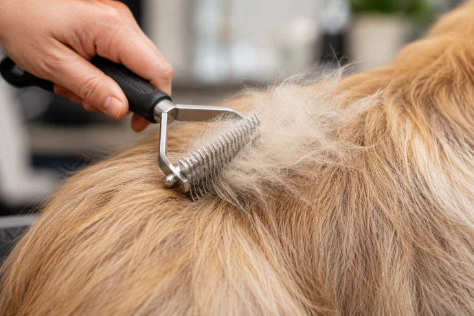 Schonendes Entfernen loser Unterwolle im Hundesalon Pfötle Paradies in Berglen