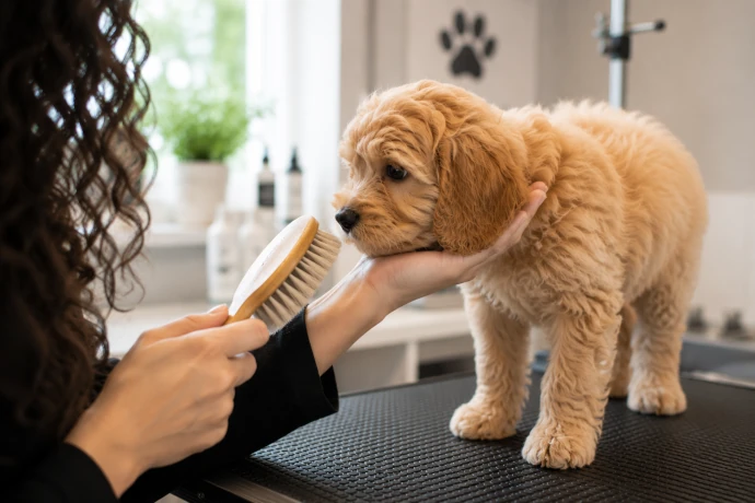 Welpe lernt den Hundesalon Pfötle Paradies in ruhiger Atmosphäre kennen