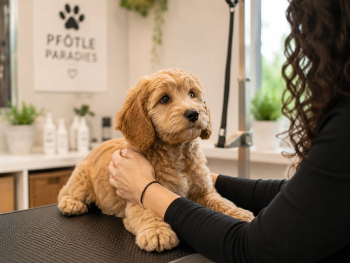 Junger Hund erlebt seinen ersten ruhigen Besuch im Hundesalon Pfötle Paradies