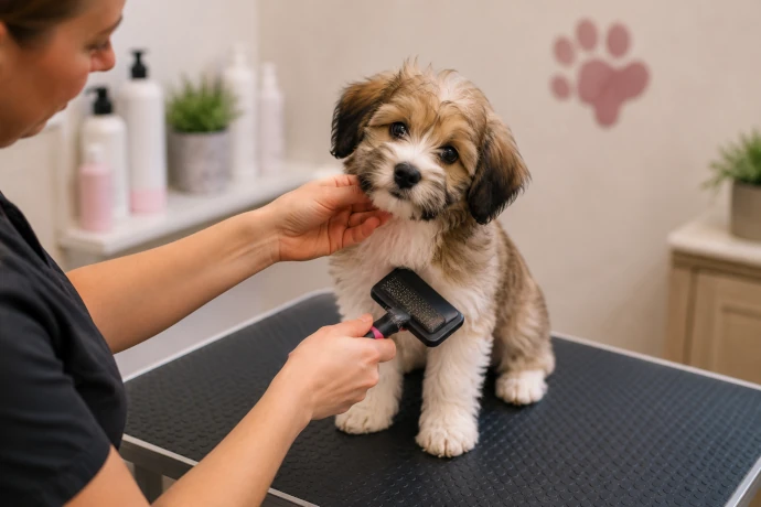 Welpe bei der behutsamen Fellpflege im Hundesalon Pfötle Paradies in Berglen