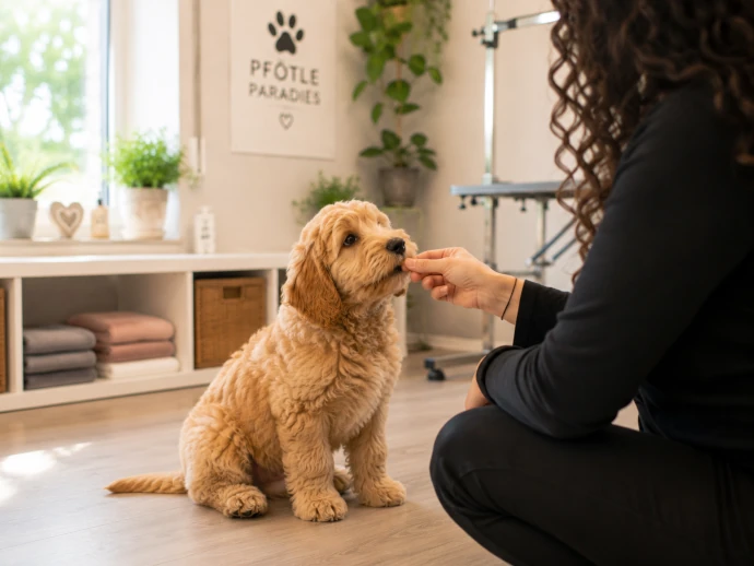 Glücklicher junger Hund nach einem entspannten ersten Besuch im Hundesalon Pfötle Paradies